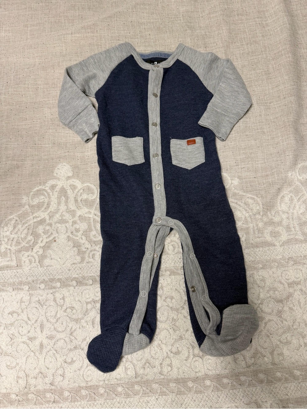 7 For All Mankind Navy and Gray Knit Footed One-Piece